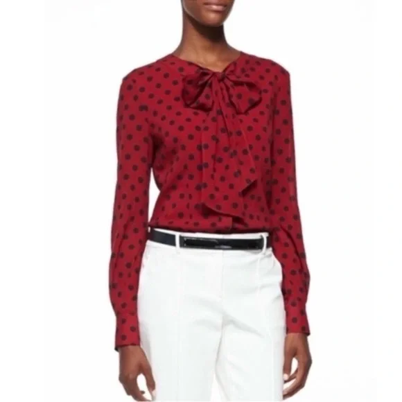 St John Silk Polka Dot Blouse Neck Tie Red Blue Size 12 - Picture 3 of 16